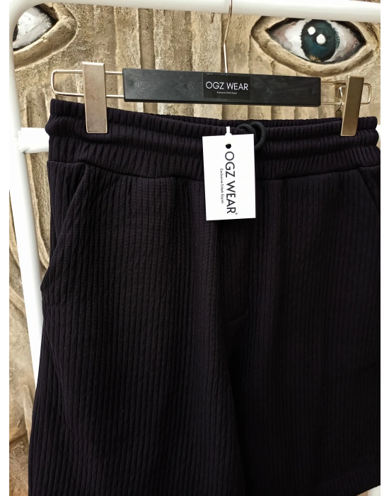 Siyah Raşel Nefes Alan Kumaş Cepli Beli Lastikli Erkek Şort