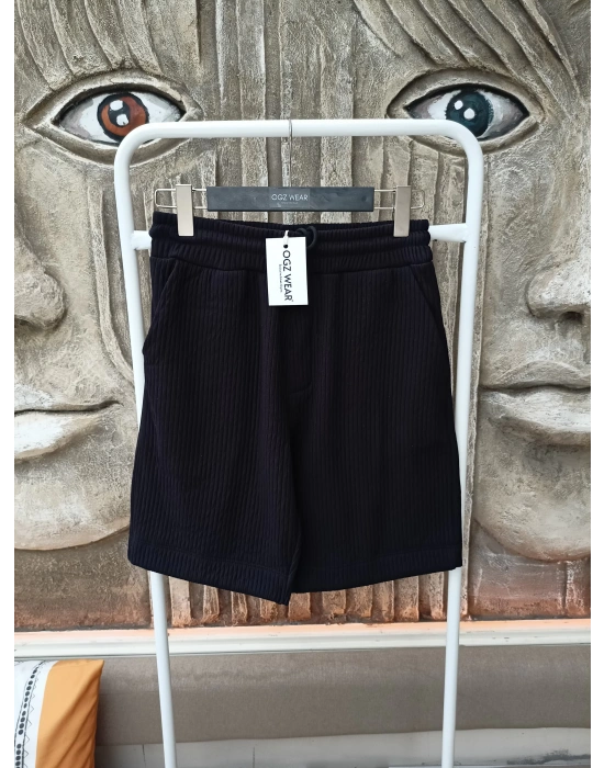 Siyah Raşel Nefes Alan Kumaş Cepli Beli Lastikli Erkek Şort