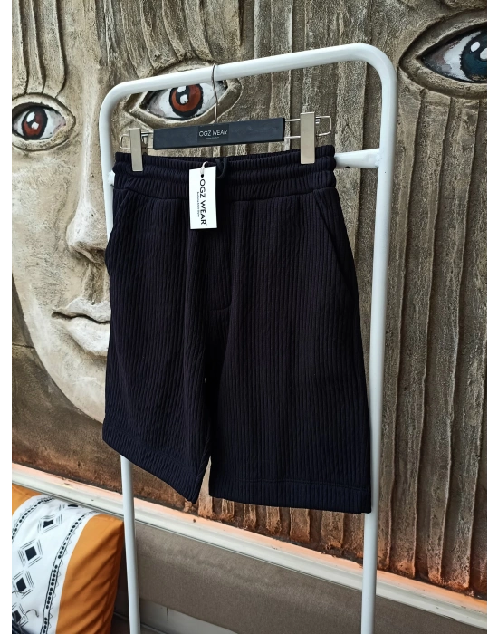 Siyah Raşel Nefes Alan Kumaş Cepli Beli Lastikli Erkek Şort