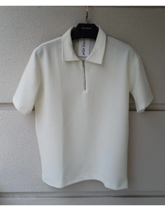 Beyaz Yarım Pat Fermuarlı Premium Petek Kumaş T-Shirt