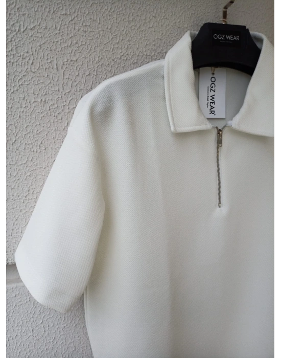 Beyaz Yarım Pat Fermuarlı Premium Petek Kumaş T-Shirt