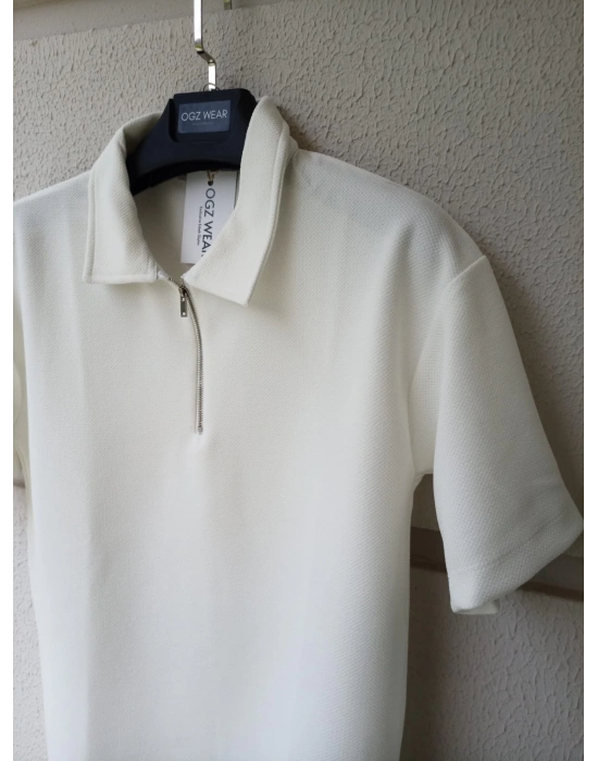 Beyaz Yarım Pat Fermuarlı Premium Petek Kumaş T-Shirt