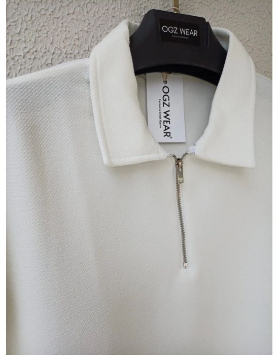 Beyaz Yarım Pat Fermuarlı Premium Petek Kumaş T-Shirt
