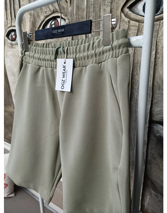 Çağla Yeşili Premium Diagonal Kumaş Cepli Beli Lastikli Erkek Şort