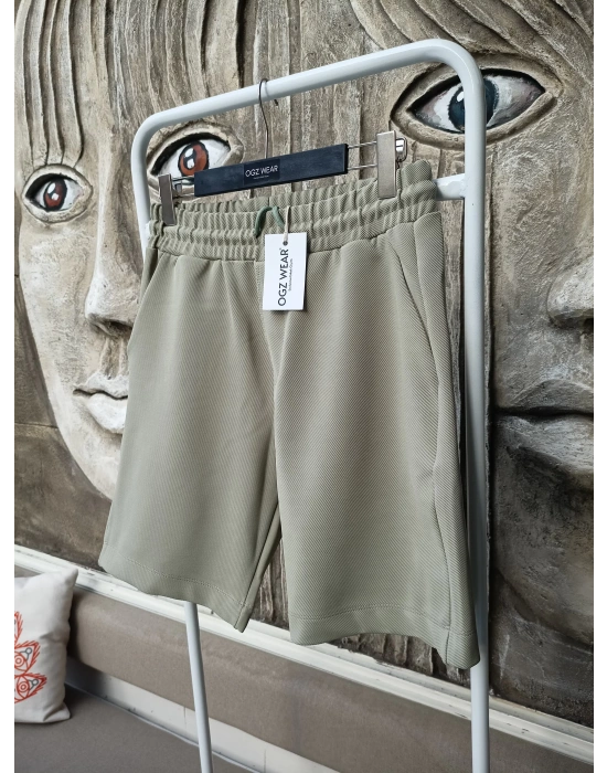 Çağla Yeşili Premium Diagonal Kumaş Cepli Beli Lastikli Erkek Şort