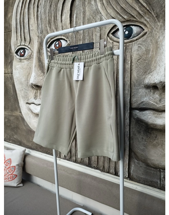 Çağla Yeşili Premium Diagonal Kumaş Cepli Beli Lastikli Erkek Şort