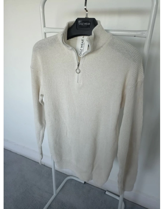 Ekru & Kırık Beyaz Selanik Örgü Yarım Femuar Detaylı Uzun Kollu Triko