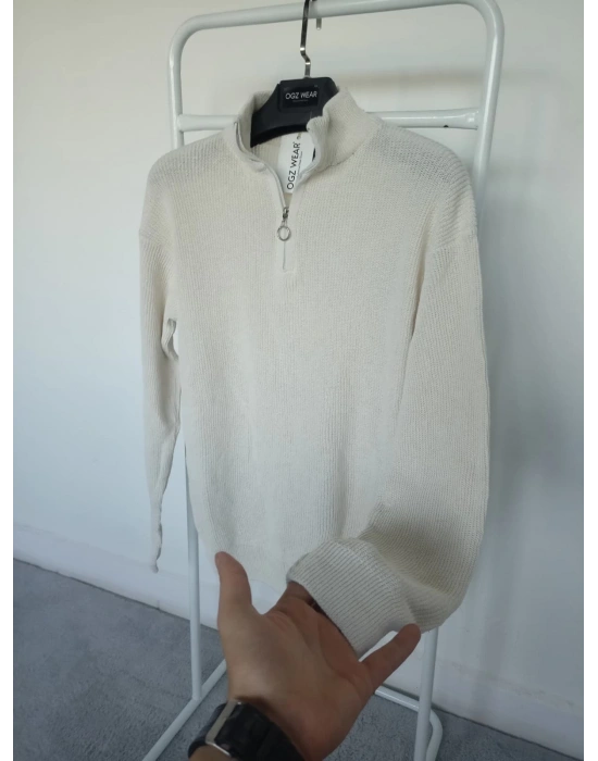 Ekru & Kırık Beyaz Selanik Örgü Yarım Femuar Detaylı Uzun Kollu Triko