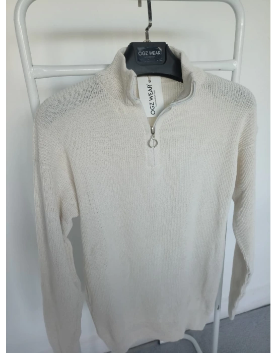 Ekru & Kırık Beyaz Selanik Örgü Yarım Femuar Detaylı Uzun Kollu Triko