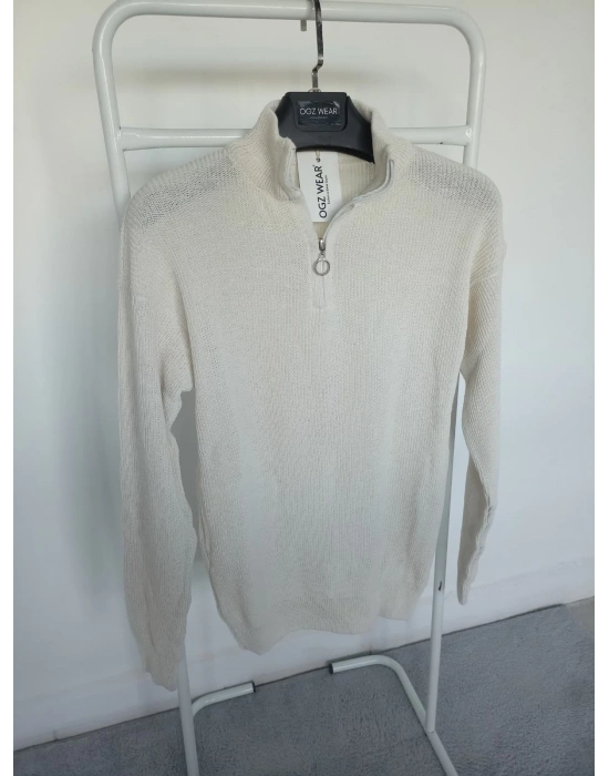 Ekru & Kırık Beyaz Selanik Örgü Yarım Femuar Detaylı Uzun Kollu Triko