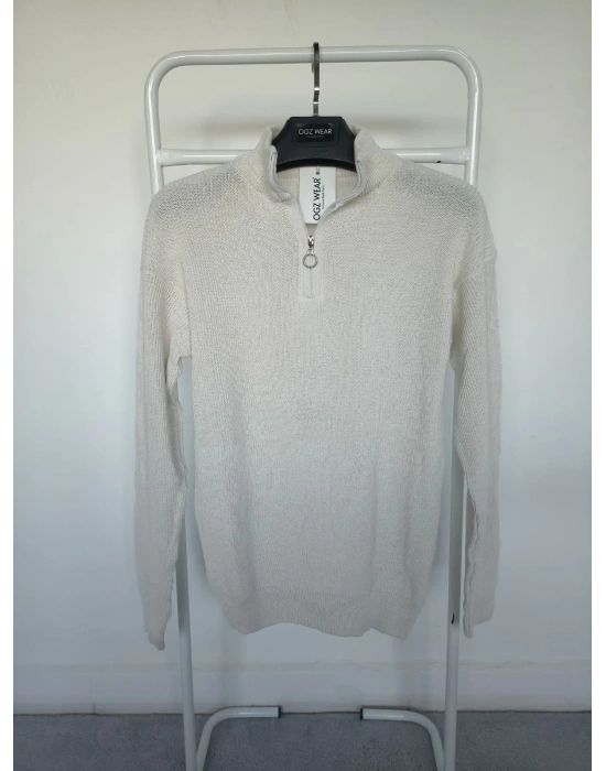 Ekru & Kırık Beyaz Selanik Örgü Yarım Femuar Detaylı Uzun Kollu Triko