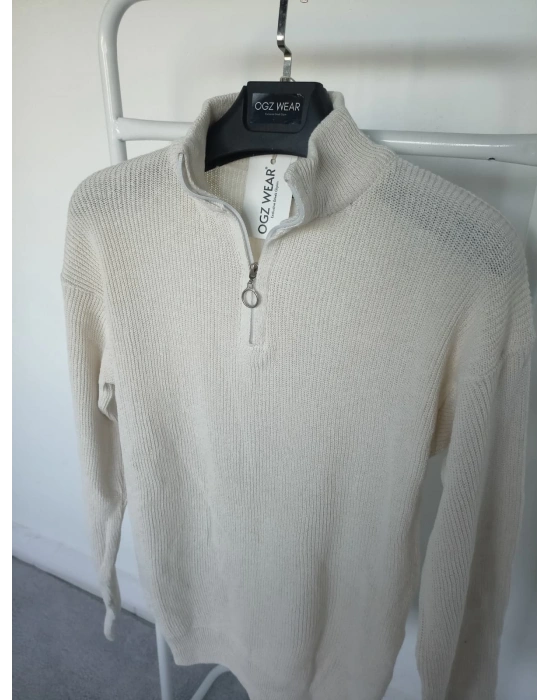 Ekru & Kırık Beyaz Selanik Örgü Yarım Femuar Detaylı Uzun Kollu Triko