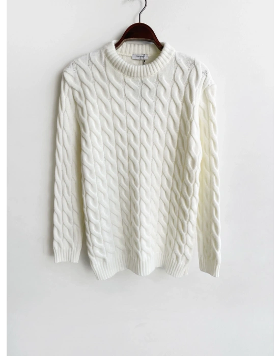 Ekru Saç Örgü Premium Bisiklet Yaka Kazak