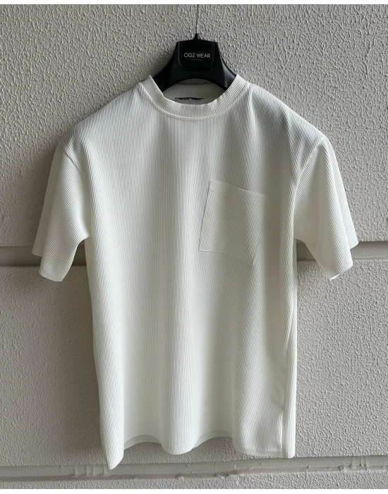 Fitilli Premium Bisiklet Yaka Cep Detaylı Beyaz T-Shirt