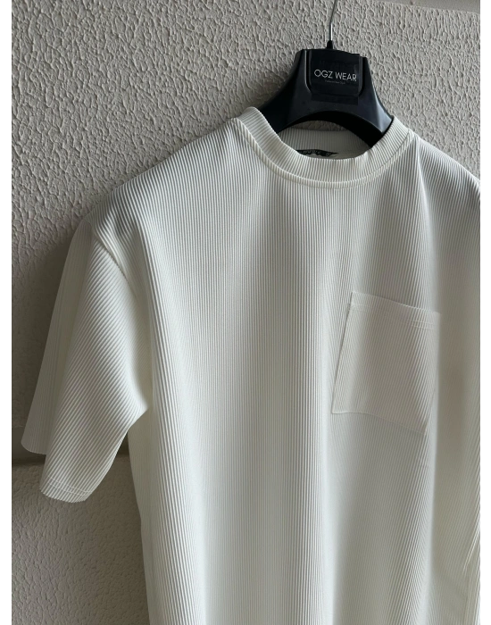 Fitilli Premium Bisiklet Yaka Cep Detaylı Beyaz T-Shirt