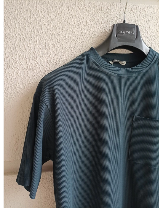 Fitilli Premium Bisiklet Yaka Cep Detaylı Petrol Mavi T-Shirt