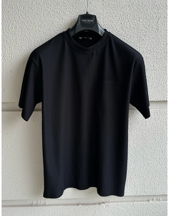 Fitilli Premium Bisiklet Yaka Cep Detaylı Siyah T-Shirt