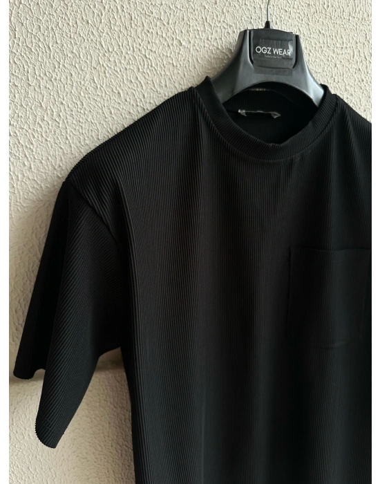 Fitilli Premium Bisiklet Yaka Cep Detaylı Siyah T-Shirt