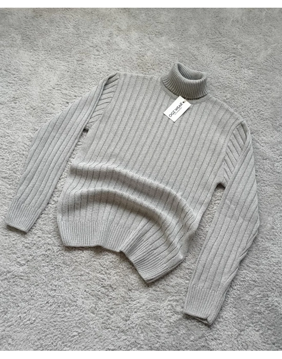 Gri Balıkçı Yaka Premium Pamuklu Triko Kazak