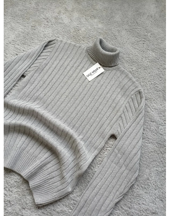 Gri Balıkçı Yaka Premium Pamuklu Triko Kazak