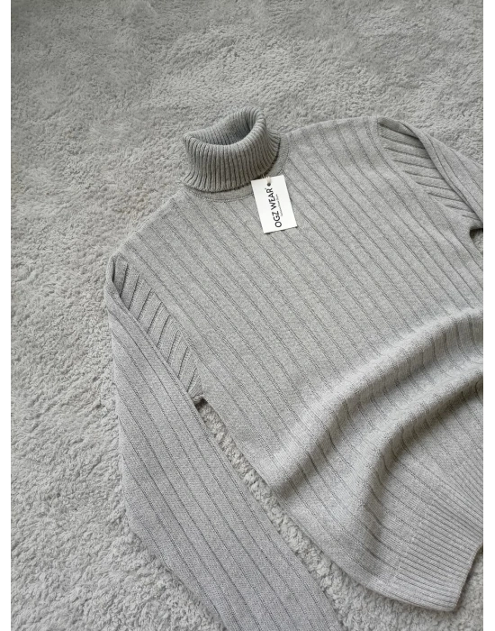 Gri Balıkçı Yaka Premium Pamuklu Triko Kazak