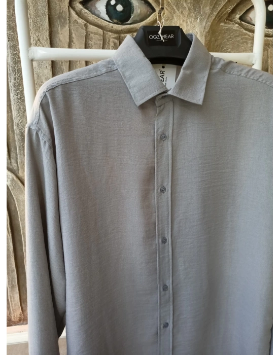 Gri Bambu Keten Premium Kumaş Oversize Kalıp Gömlek