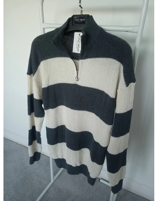 Gri Beyaz Çizgili Selanik Örgü Yarım Femuar Detaylı Uzun Kollu Triko