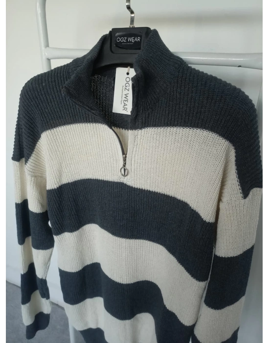 Gri Beyaz Çizgili Selanik Örgü Yarım Femuar Detaylı Uzun Kollu Triko