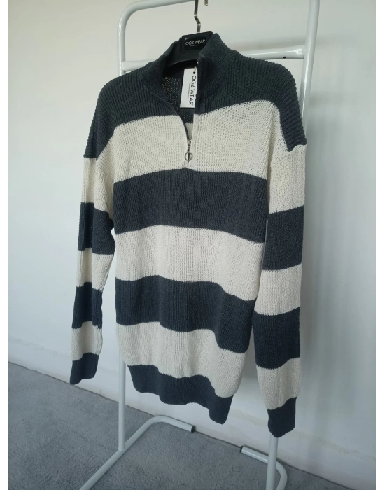 Gri Beyaz Çizgili Selanik Örgü Yarım Femuar Detaylı Uzun Kollu Triko