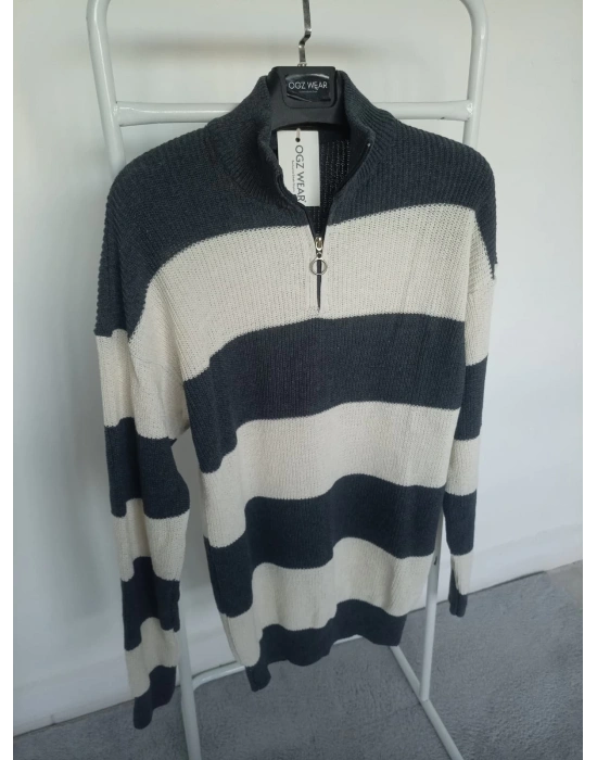 Gri Beyaz Çizgili Selanik Örgü Yarım Femuar Detaylı Uzun Kollu Triko