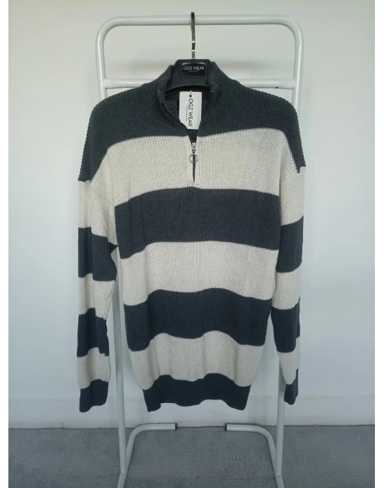 Gri Beyaz Çizgili Selanik Örgü Yarım Femuar Detaylı Uzun Kollu Triko