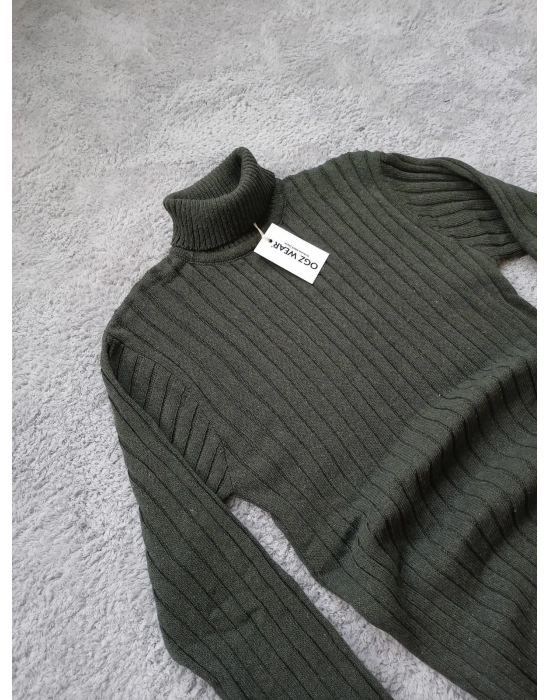 Haki Yeşil Balıkçı Yaka Premium Pamuklu Triko Kazak