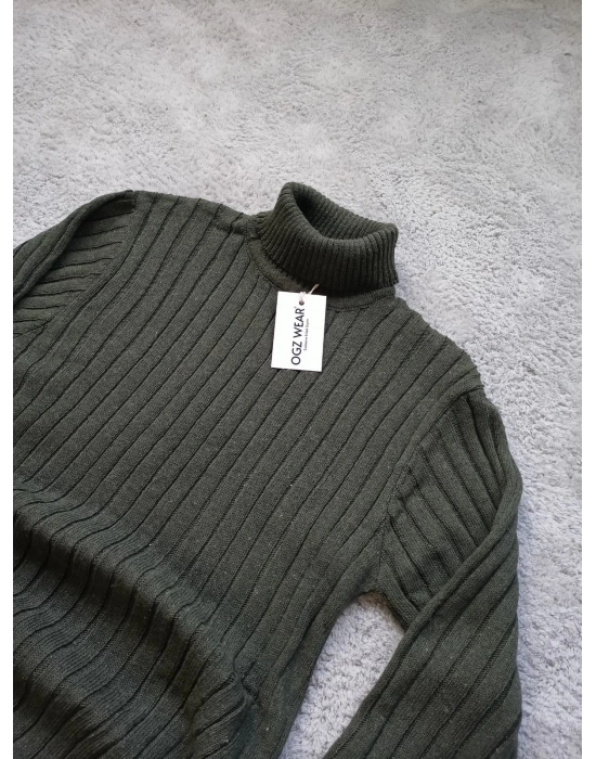 Haki Yeşil Balıkçı Yaka Premium Pamuklu Triko Kazak