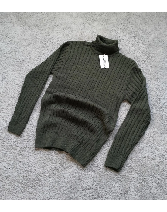 Haki Yeşil Balıkçı Yaka Premium Pamuklu Triko Kazak