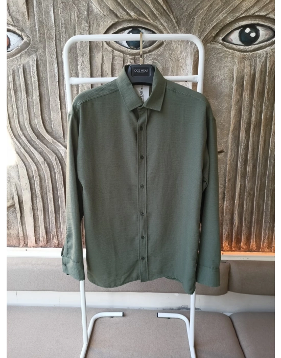 Haki Yeşil Bambu Keten Premium Kumaş Oversize Kalıp Gömlek