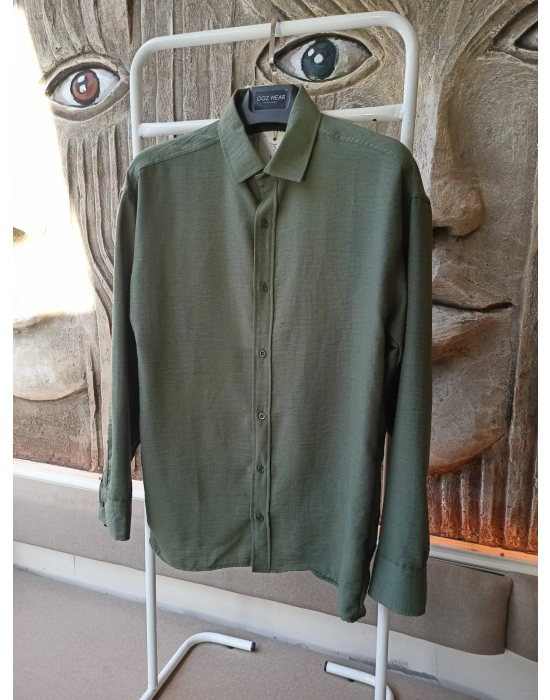 Haki Yeşil Bambu Keten Premium Kumaş Oversize Kalıp Gömlek