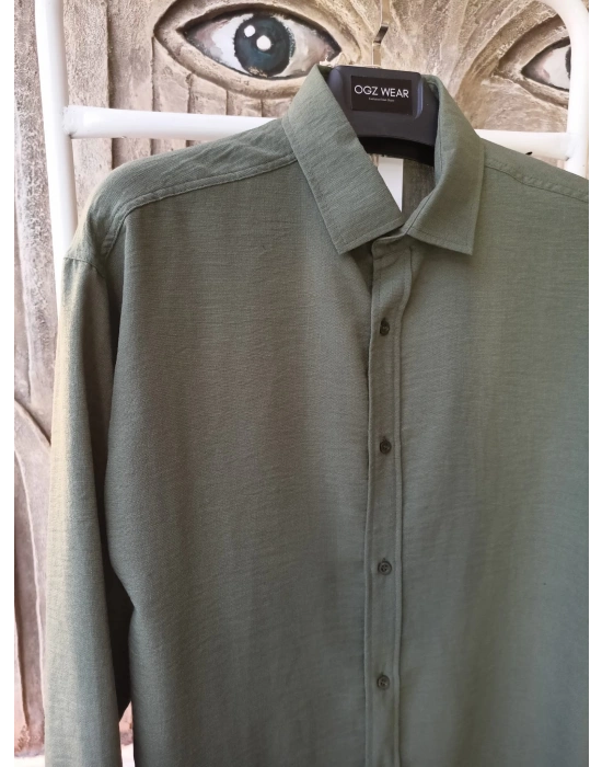 Haki Yeşil Bambu Keten Premium Kumaş Oversize Kalıp Gömlek