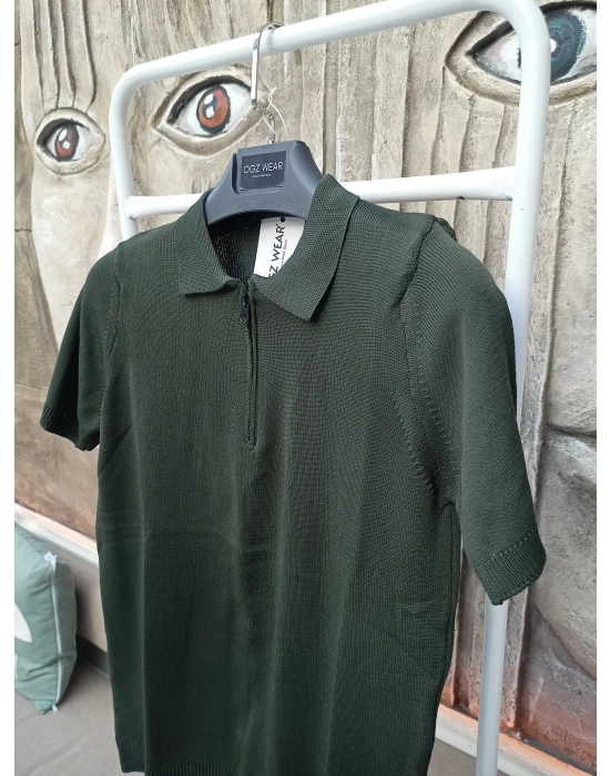 Haki Yeşil Premium Pamuklu Femuarlı Polo Yaka Örme Triko Tişört