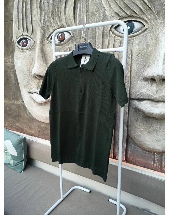 Haki Yeşil Premium Pamuklu Femuarlı Polo Yaka Örme Triko Tişört