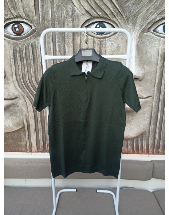 Haki Yeşil Premium Pamuklu Femuarlı Polo Yaka Örme Triko Tişört