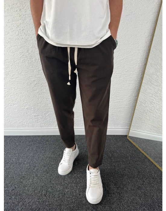 Ham Keten Acı Kahve Premium Kumaş Krem Boyfriend Kalıp Pantolon