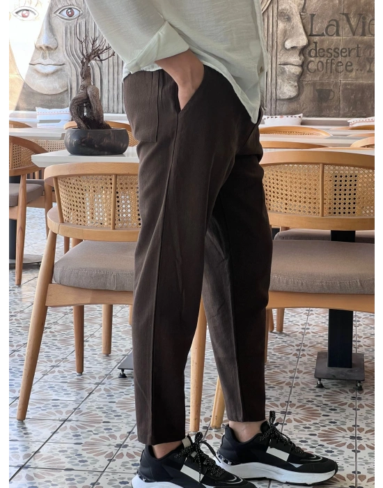 Ham Keten Acı Kahve Premium Kumaş Krem Boyfriend Kalıp Pantolon