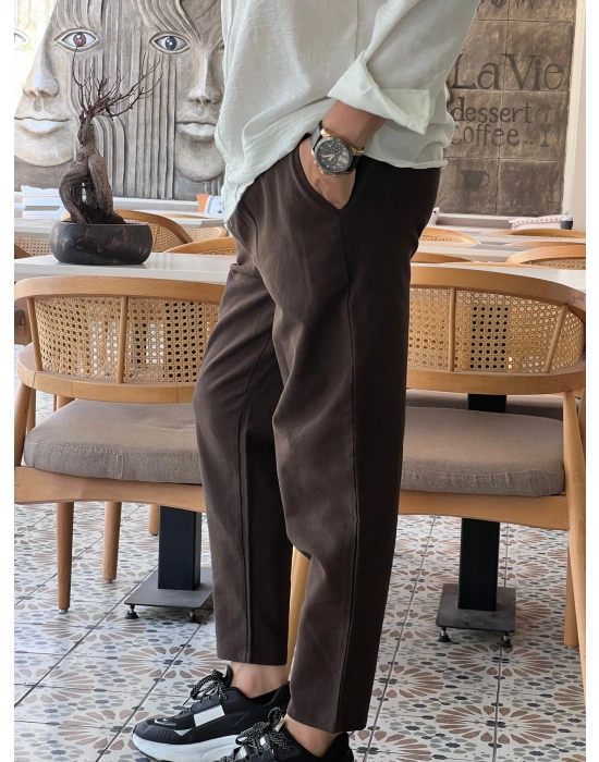 Ham Keten Acı Kahve Premium Kumaş Krem Boyfriend Kalıp Pantolon