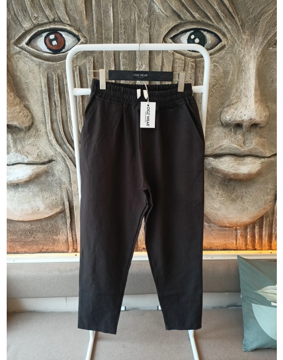 Ham Keten Acı Kahve Premium Kumaş Krem Boyfriend Kalıp Pantolon