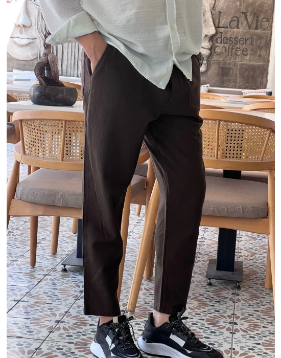 Ham Keten Acı Kahve Premium Kumaş Krem Boyfriend Kalıp Pantolon