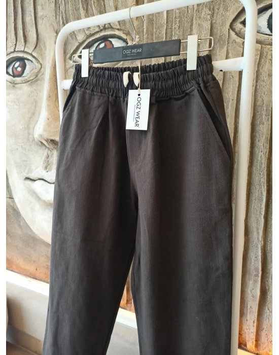 Ham Keten Acı Kahve Premium Kumaş Krem Boyfriend Kalıp Pantolon