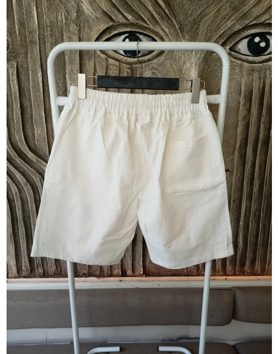 Ham Keten Ekru Cepli Beli Lastikli & Bağcıklı Erkek Şort