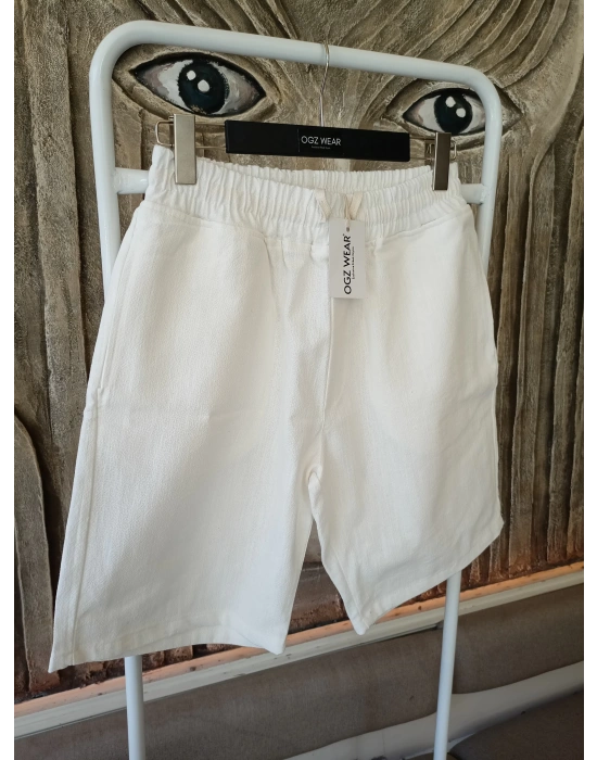 Ham Keten Ekru Cepli Beli Lastikli & Bağcıklı Erkek Şort