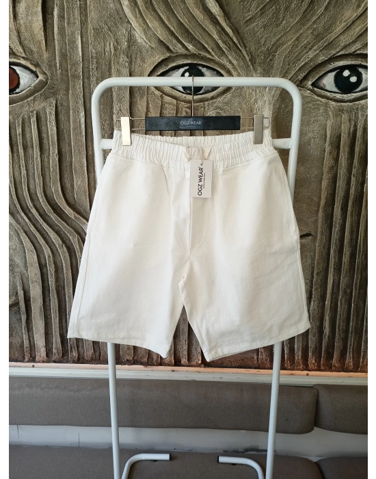 Ham Keten Ekru Cepli Beli Lastikli & Bağcıklı Erkek Şort