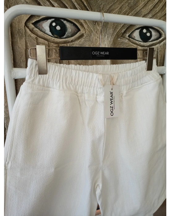 Ham Keten Ekru Cepli Beli Lastikli & Bağcıklı Erkek Şort